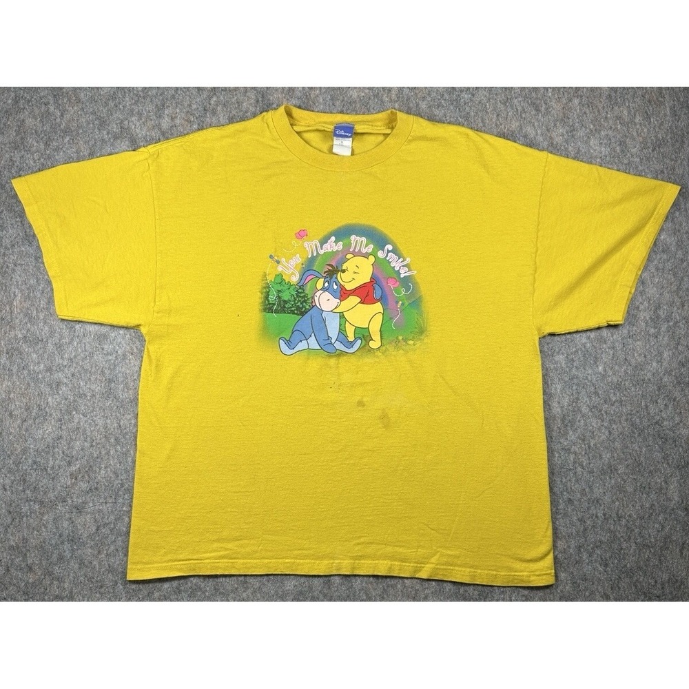 VTG Disney Winnie The Pooh Eeyore Yellow T-shirt Make Me Smile Size XL